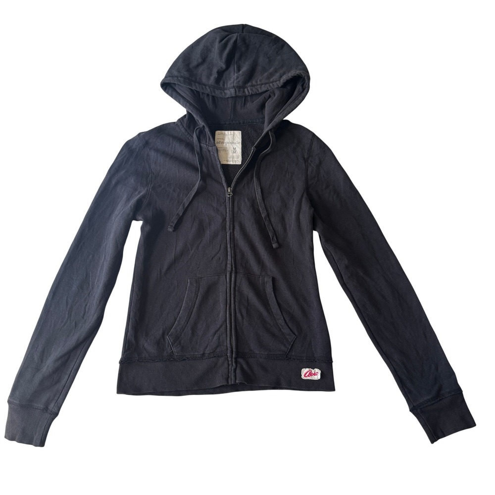 Aeropostale Full Zip Fleece Hoodie M Navy Pink Logo Shrunken Y2K Grunge McBling